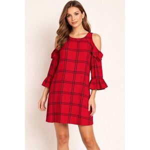 LOFT Women's Sz M Red & Black Plaid Cold Shoulder Ruffle Long Bell Sleeves Dress
